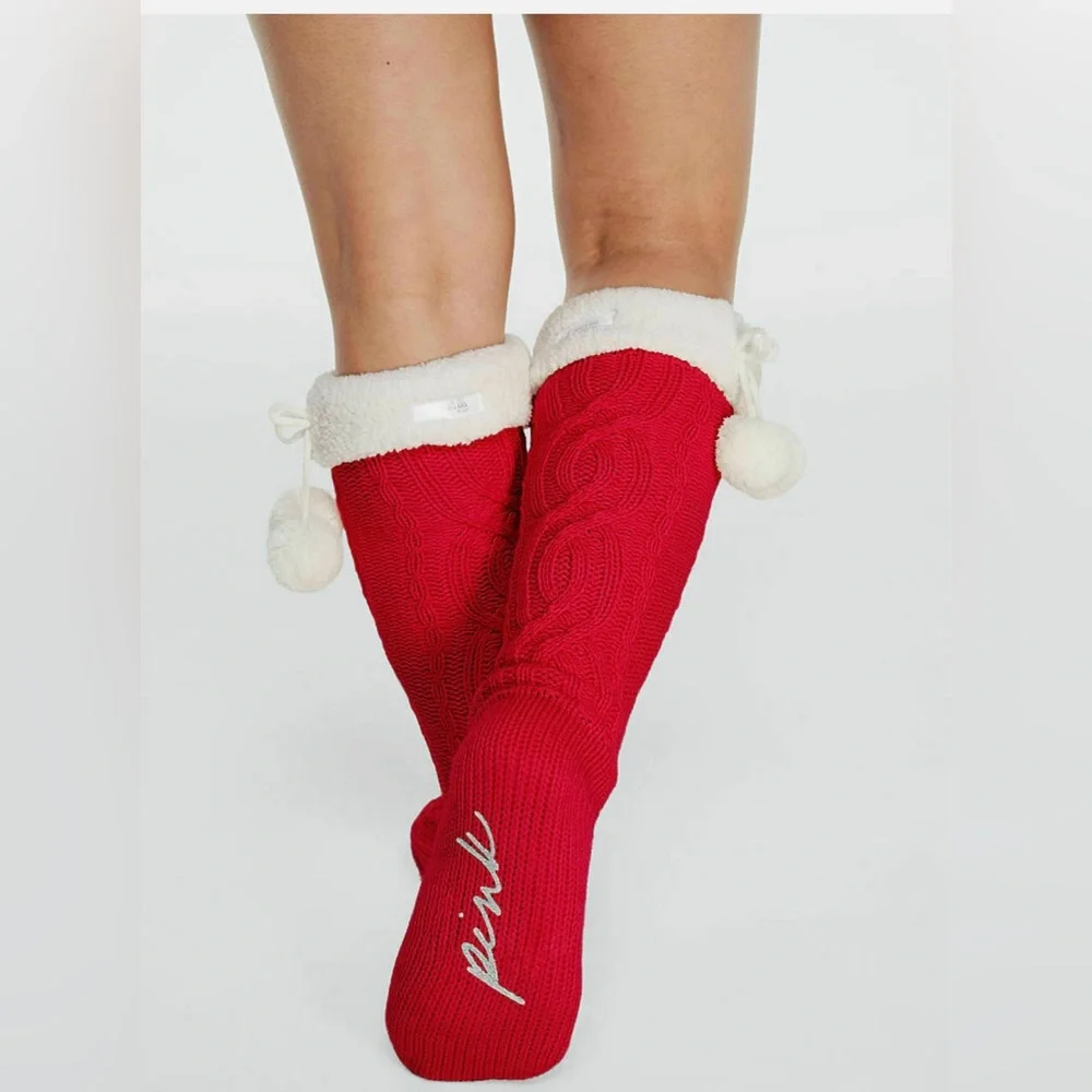 VS‎ PINK SHERPA CABLE KNIT KNEE-HIGH POM-POM LINED SOCKS SLIPPERS